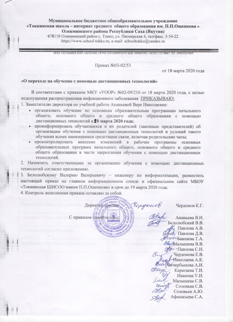 Образец приказа о дистанционном обучении в школе